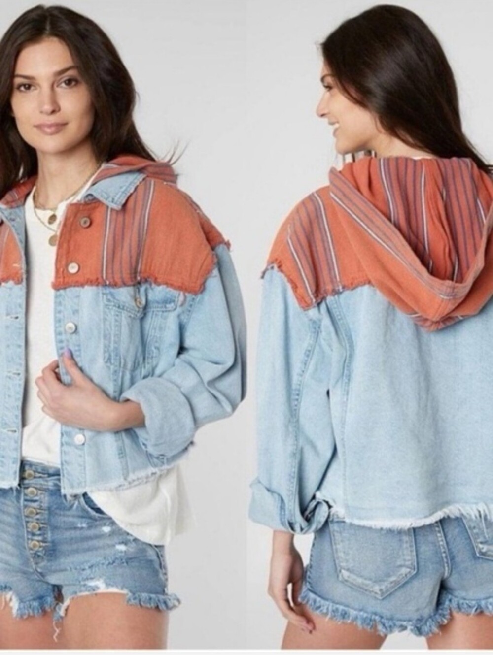 Free People Baja Denim Jacket Rust Stripe - Small Oversized